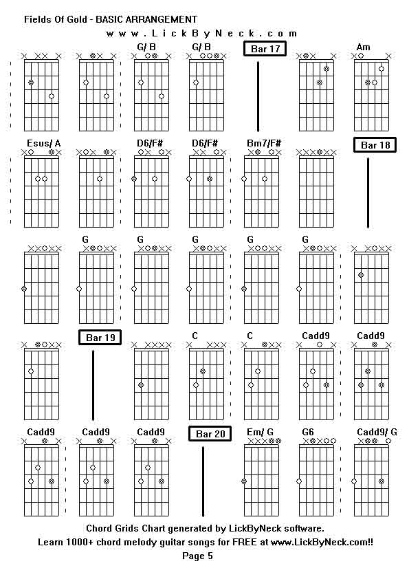 Chord Grids Chart of chord melody fingerstyle guitar song-Fields Of Gold - BASIC ARRANGEMENT,generated by LickByNeck software.